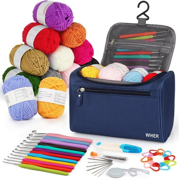 Wiher 46Pcs DIY Crochet Kit with Storage Bag Beginners Crochet Kit with Color Yarns, 12-size Crochet Needle, Stitch Marks, Big Eye Needles, Thread Scissors, DIY Crochet Craft Crochet Art Kit
