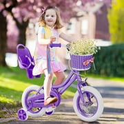 XJD 12 inch Kids Girls Bike for 3-12 Years Old Toddlers, Princess Children Bicycle with Training Wheels, Streamers, Basket, Doll Seat, Purple