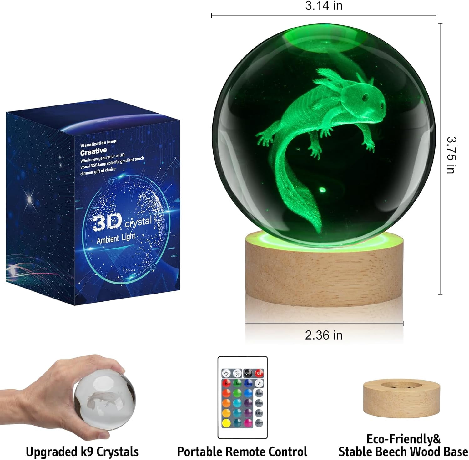 Axolotl 3D Crystal Ball Night Light with 16 Color LED Wooden Base, Upgraded 3.15 Inch Axolotl Glass Ball Lamp with Remote Control Cool Bedroom Decor Gifts for Kids Girls Boys Fans