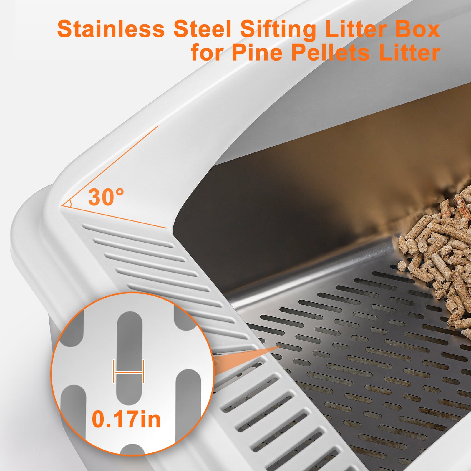 Stainless Steel Sifting Litter Box for Pine Pellet Litter, XXL Non-Clumping System with Lid for Large Cats, High-Sided, Anti-Leakage Design with Non-Stick Bottom, Silver Gray