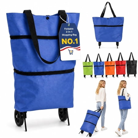 Foldable 2 in 1 Shopping Bag Grocery Cart with Wheels Portable Collapsible Tote Cart for Apartment Farmers Market Travel