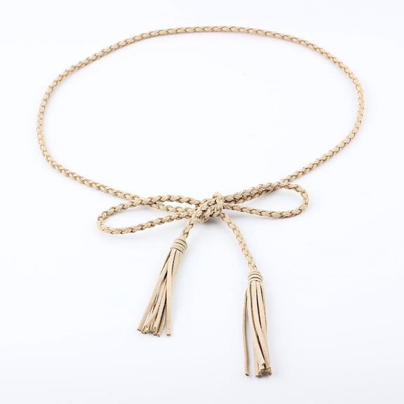 Zhuge Women's Bohemian Faux Leather Tassel Braided Belt, Self-Tie Woven Waist Rope Belt, Vintage Boho Style Fashion Waist Belt for Dresses & Casual Outfits, Khaki
