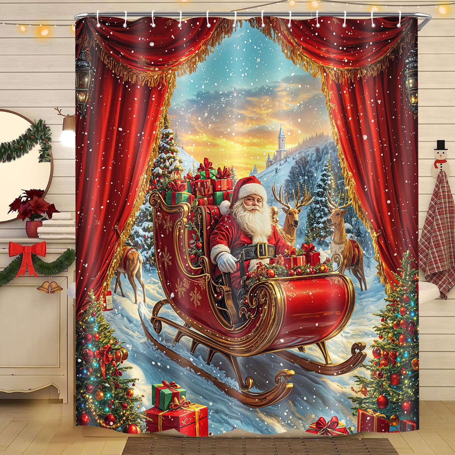 Christmas Shower Curtain, Funny Winter Santa Reindeer Xmas Trees Gift Red Bathroom Curtain, Farmhouse Snowflake Holiday Kids Girls Boys Bath Decor Shower Curtain Sets with Hooks, 72X72in