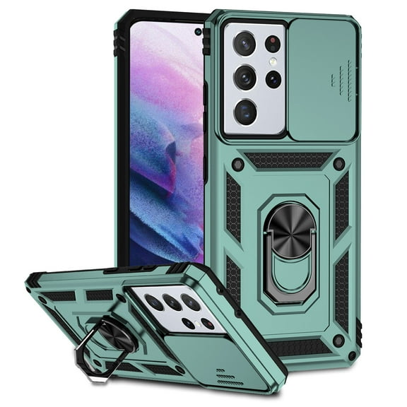 Galaxy S22 Ultra Case,Dteck Shockproof Rubber Rugged Case Hybrid Hard Ring Holder Kickstand Slide Camera Lens Protector Cover for Samsung Galaxy S22 Ultra,Darkgreen