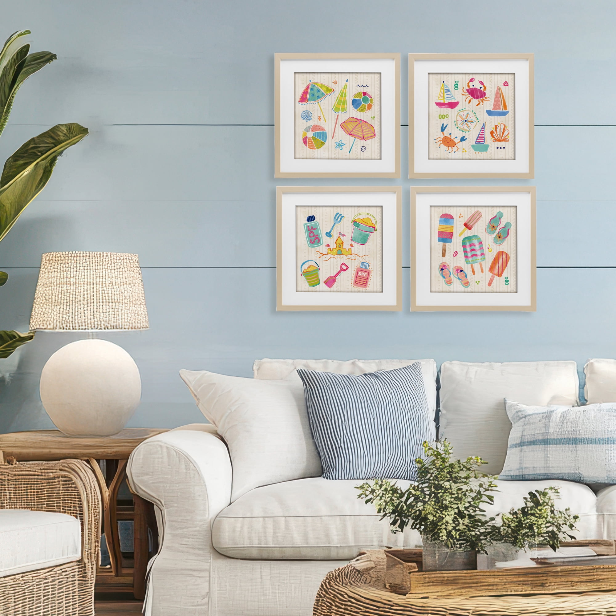 Stupell Industries Beach & Boats Collection 4 Piece Birch Framed Print Under Glass Set, design by Dina June