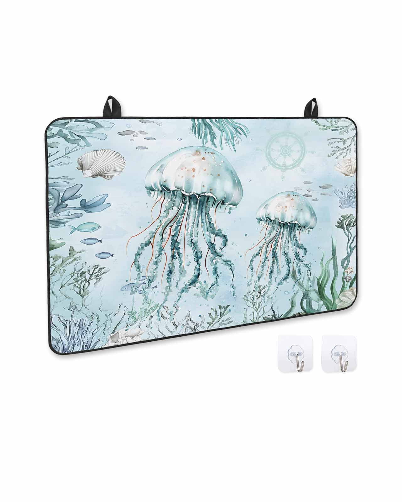 nqOlkjepod Large Induction Cooktop Protector Mat 36"x21", Aqua Jellyfish Stove Top Covers for Electric Stove, Coastal Nautical Ocean Shells Seaweed Stove Burner Cover Mats, Glass Top Stove Cover