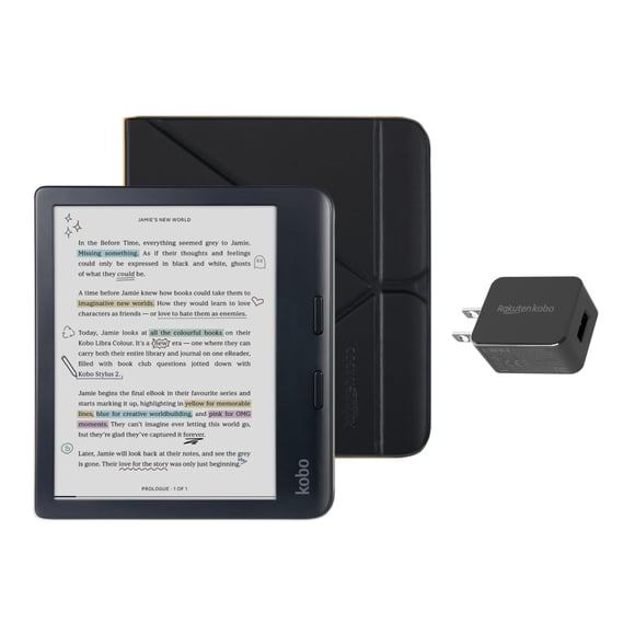eReader Kobo Libra de color negro con paquete de funda y adaptador de corriente alterna