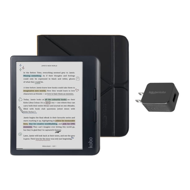 eReader Kobo Libra de color negro con paquete de funda y adaptador de corriente alterna