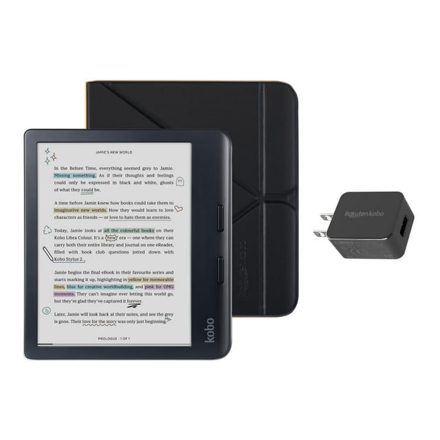 eReader Kobo Libra de color negro con paquete de funda y adaptador de corriente alterna