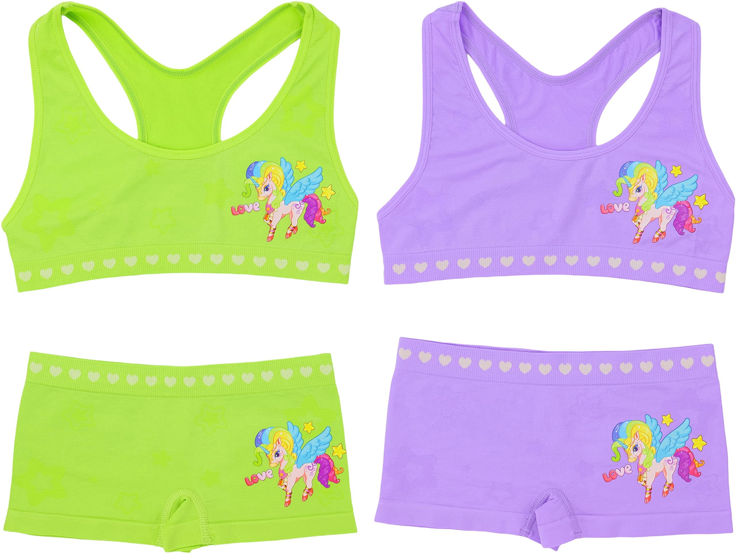 ToBeInStyle Girl's Pack of 6 Racerback Training Bra Tops & Matching Boyshort Bottoms - Unicorn Love - Small