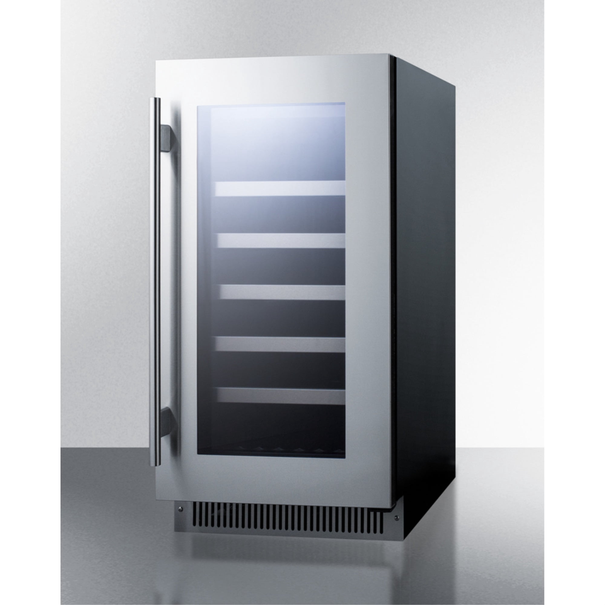 18" wide built-in wine cellar with seamless stainless steel trimmed glass door