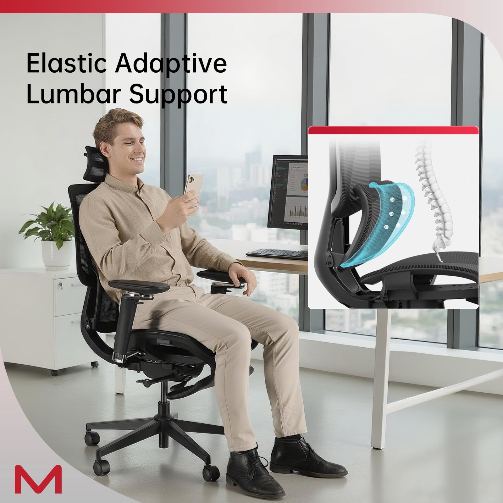 Ergonomic Mesh Office Chair with Ultra-Wide Lumbar Support & 360° Adjustable Armrests for All-Day Comfort
