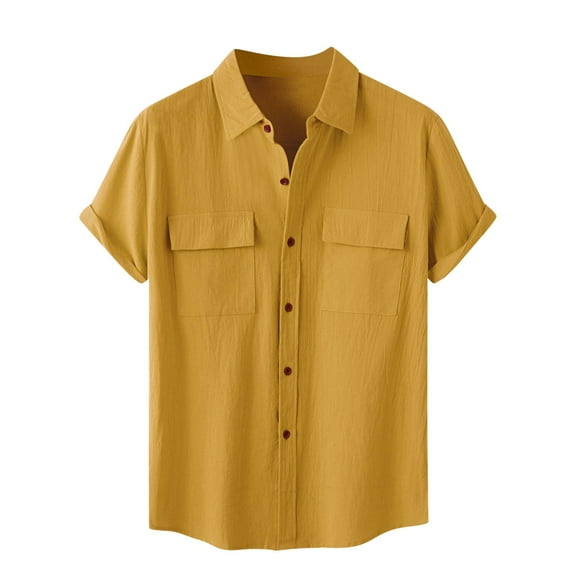 Diufon Cotton Linen Womens Shirts Plus Size Solid Color T-Shirts Short Sleeve Button Tops with Pockets