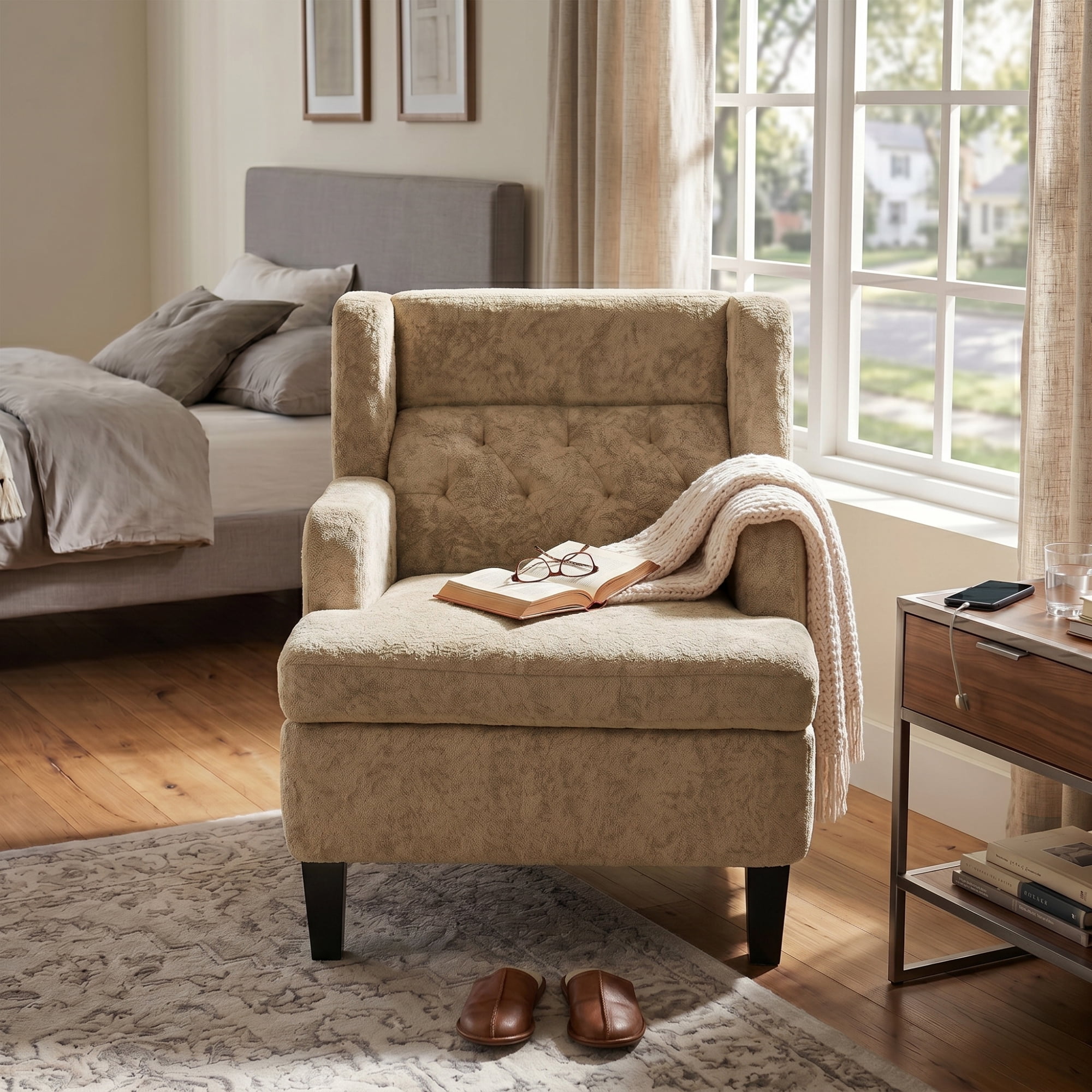 Leumius Accent Chair, Modern Tufted Armchair, Upholstered Single Sofa Chair for Living Room and Bedroom, Brown