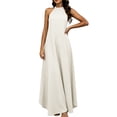 thumbnail image 2 of Smsaxvxz Summer Dresses for Women Fashion Solid Crew Neck Sleeveless Casual Loose Ice Silk Crinkle Flared Maxi Dress Khaki 2XL, 2 of 7