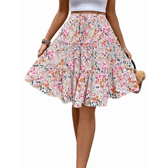 Women'S Elastic High Waist Floral Print Tie Front Ruffle Hem Skirt for Work and Casual Wear Apricot M