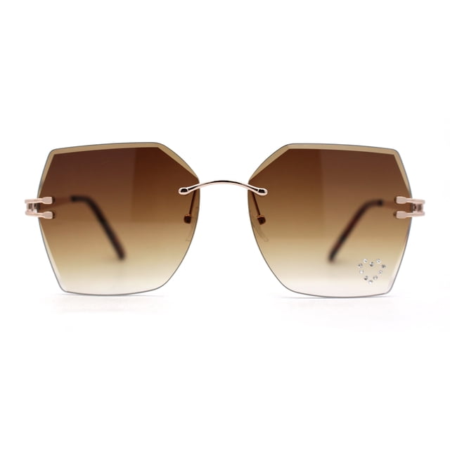 Womens Rhinestone Heart Lens Bling Rimless Butterfly Chic Sunglasses Gold Brown