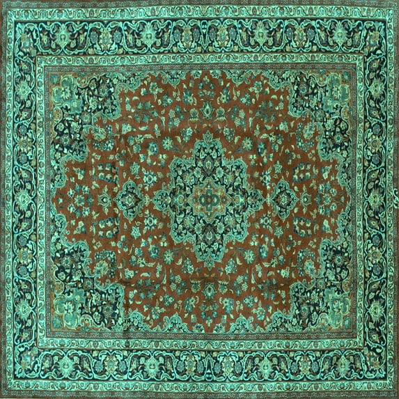 Ahgly Company Indoor Square Medallion Turquoise Blue Traditional Area Rugs, 7' Square