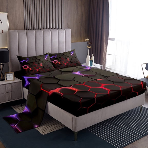 Erosebridal Neon Red Purple Hexagon Sheet Set Twin , Geometry Honeycomb Bedding Sets Twin Size, Black Room Decor 3pcs