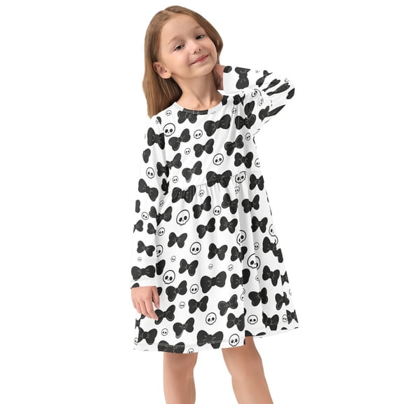 Girls Dress Soft Casual Long Sleeve Cute Dress for Girls Fashion Prints Black Bow Crew Neck