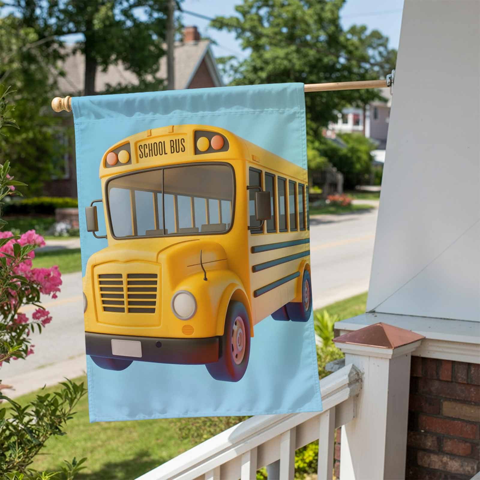 Yellow School Bus House Flag 28 x 40 Inches, Blue Background Cartoon 3D Simple Weather Proof Outdoor Patio Flags Double Sided Small House Decoration for Yard Lawn Outside Home