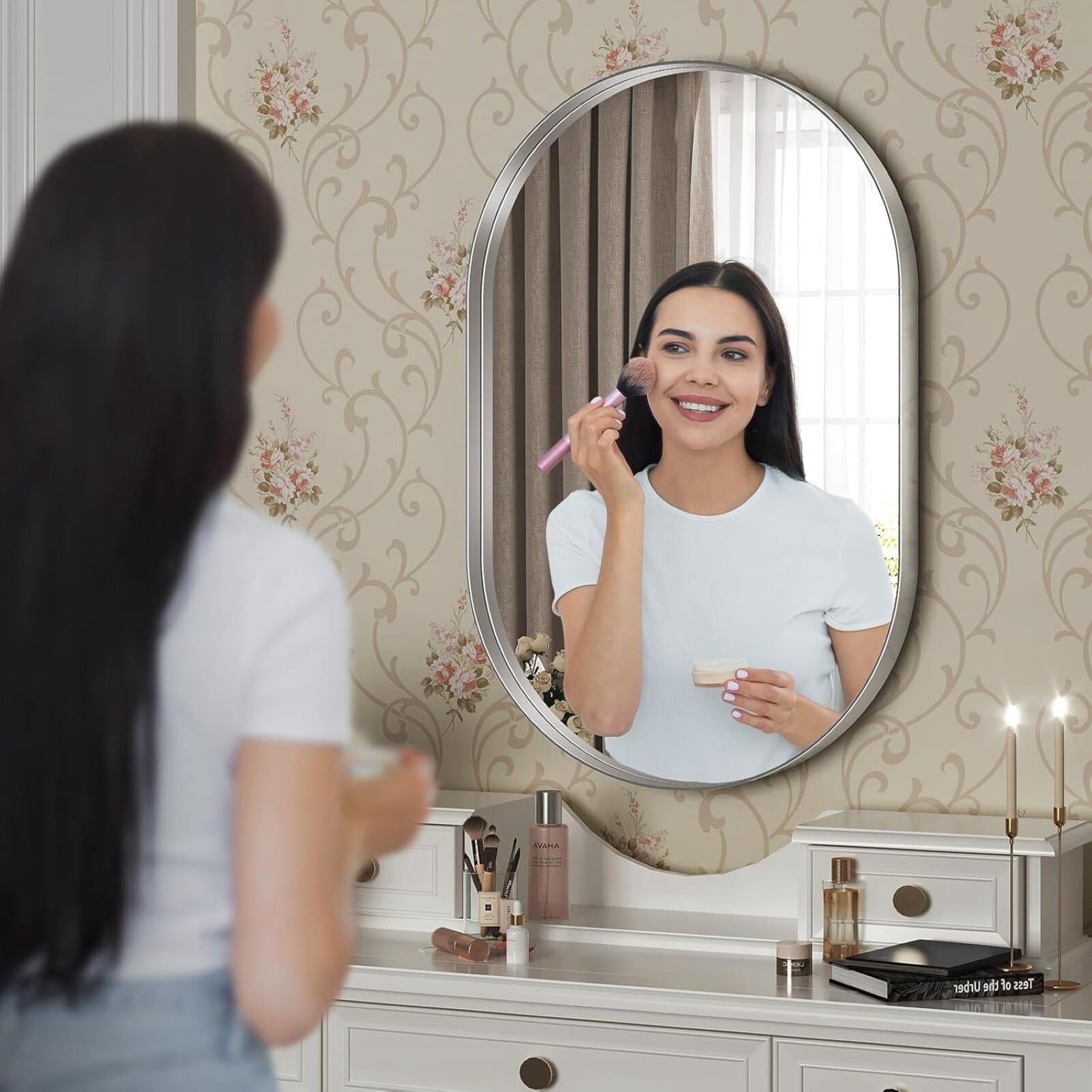 Gleamira 22"x30" Bathroom Mirror Oval Wall Mirror Vanity Mirror with Metal Deep Frame,Silver