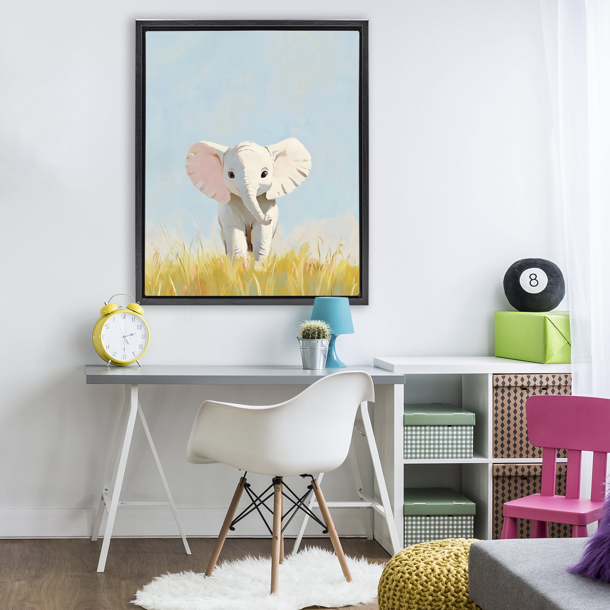 Stupell Industries White Baby Elephant in Grass Black Framed Floater Canvas Wall Art, design by The Prints Vibe