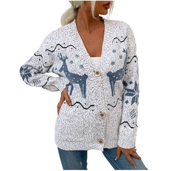 Lolmot Cardigan Sweaters for Women Fashion Reindeer Print Long Sleeve Sweater Cardigan Loose Knit Open Front Button Down Fall Winter Christmas Outwear Coats