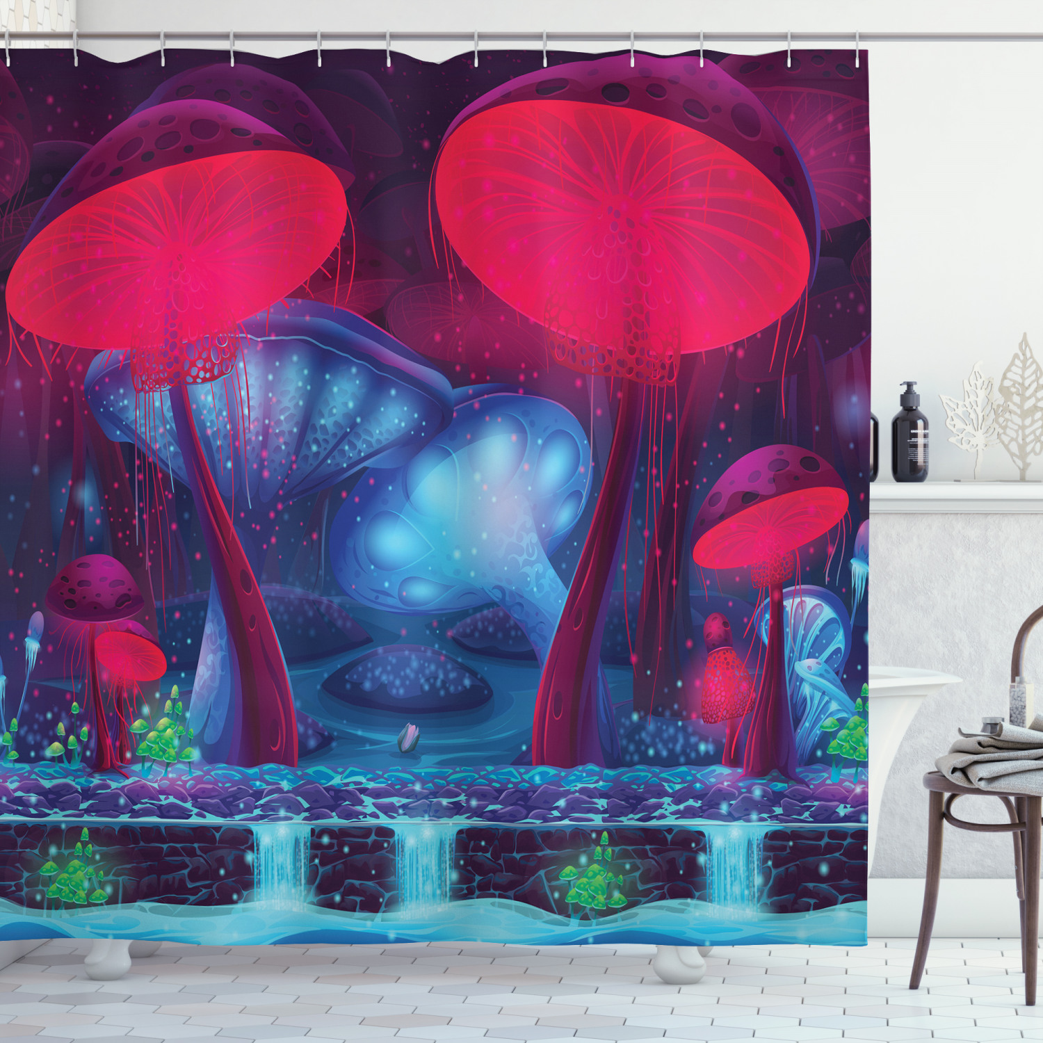 Mushroom Decor Shower Curtain Set, Magic Mushrooms With Vibrant Neon