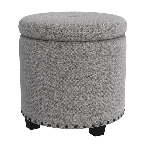 Otomana Benjara Zoya Storage, redonda con parte superior elevable de 19 pulgadas, tela tejida ligera, gris y negra