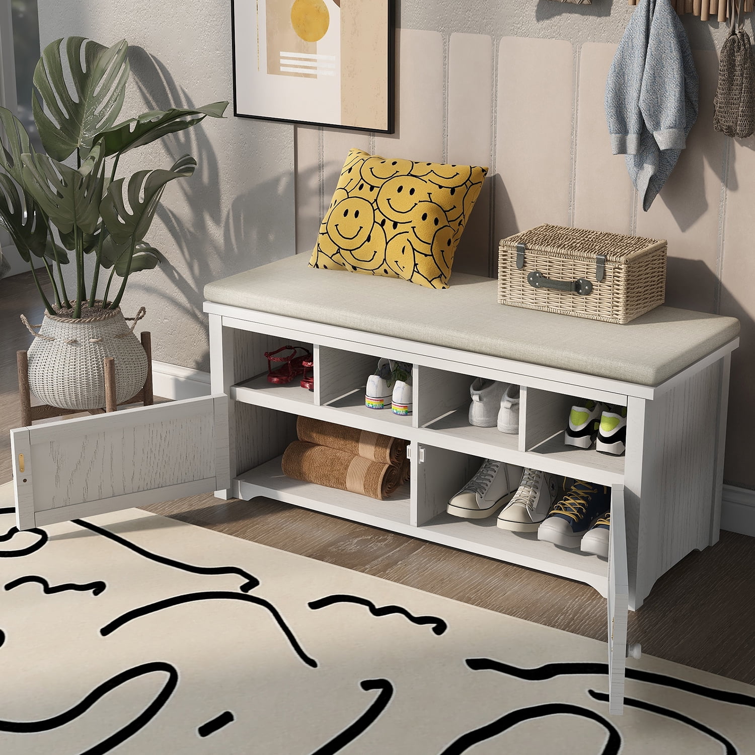 Kadyn Rustic Style Two-Door Storage Bench, Shoe Entryway Bench with Linen Upholstered Top Cushion, Pine Organizer Footrest Bench Ottoman for Entryway, White Kadyn Rustic Style Two-Door Storage Bench, Shoe Entryway Bench with Linen Upholstered Top Cushion, Pine Organizer Footrest Bench Ottoman for Entryway, White
