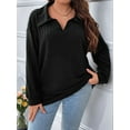 thumbnail image 6 of Women Plus Size Casual Knit Sweater Lapel V Neck Solid Color Tops Light-Weight Long Sleeve Blouses Black XXL, 6 of 9