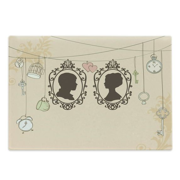 Wedding Cutting Board, Vintage Silhouette Frames Married Couple French Style Design Happiness, Decorative Tempered Glass Cutting and Serving Board, Large Size, Pale Pink Dark Brown, by Ambesonne