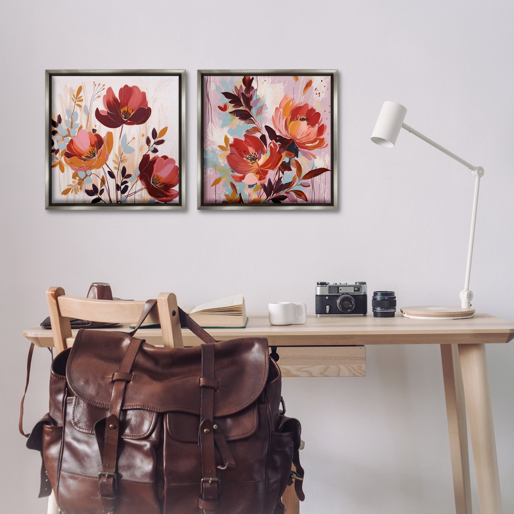 Stupell Industries Red Modern Flowers Botanical & Floral Painting Gray Floater Framed Canvas Art Print Wall Art, 18 x 18, Set of 2