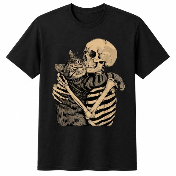 Skeleton Hugging Cat Graphic T-Shirt, Unisex Classic Fit Cotton Tee