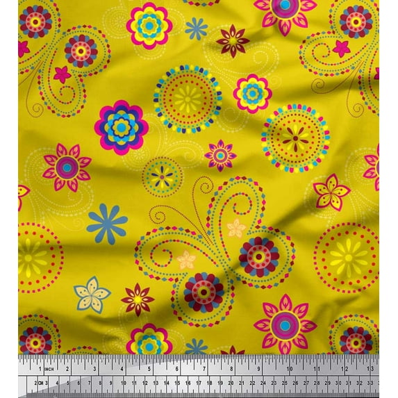 Soimoi Yellow Cotton Poplin Fabric Insect & Floral Clip Art Print Sewing Fabric BTY 56 Inch Wide