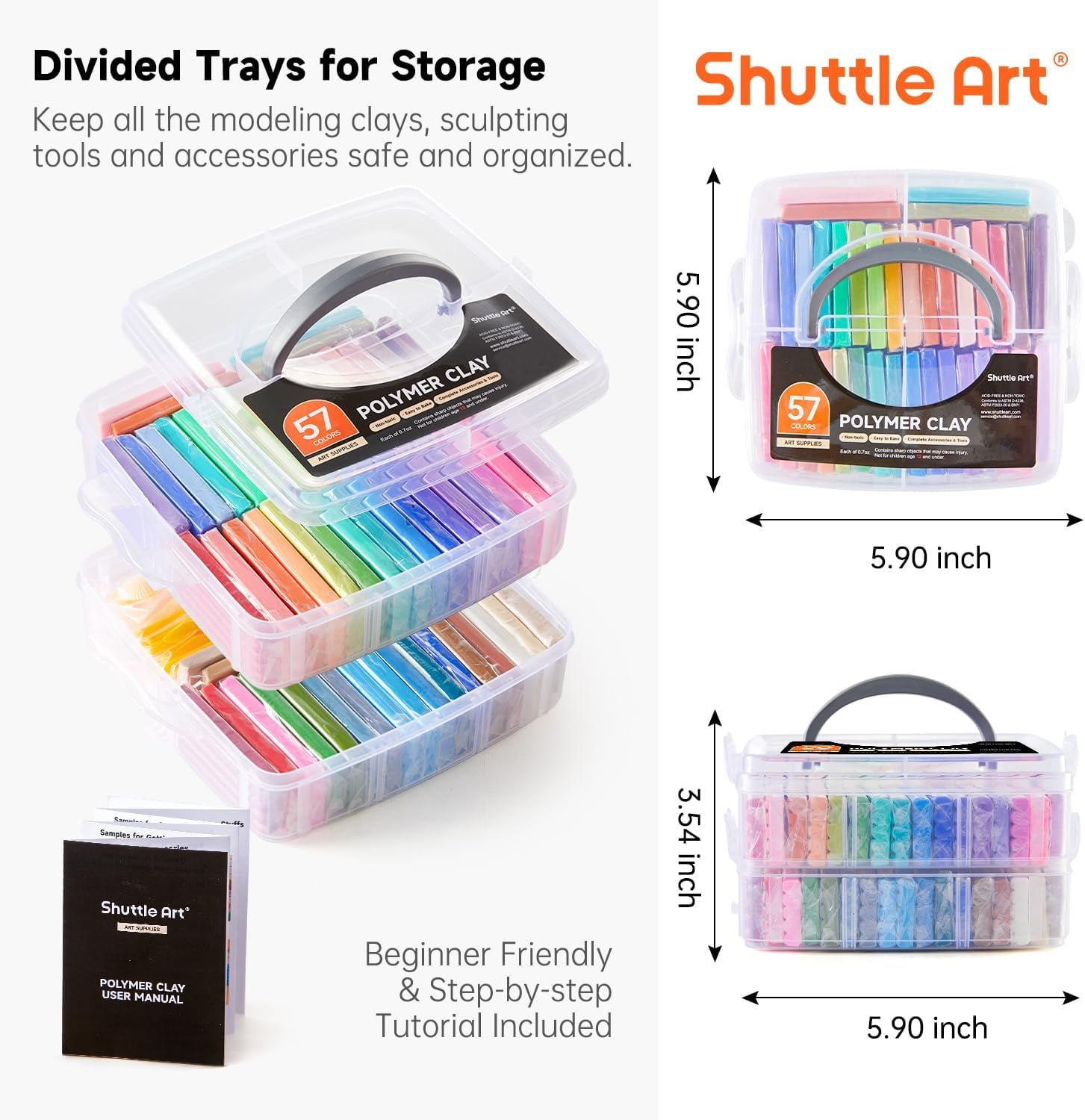 Polymer Clay, Shuttle Art 57 Colors Oven Bake Modeling Clay, Creative Clay Kit with 19 Clay Tools and 10 Kinds of Accessories, Non-Toxic, Non-Sticky, Ideal DIY Art Craft Clay Gift for Adults