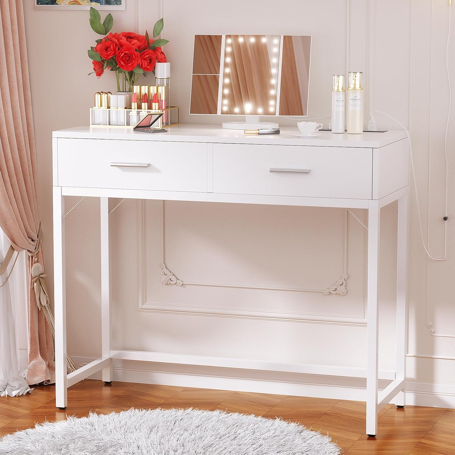 Vanity Desk with Mirror and Lights, 36'' Makeup Vanity Desk with Power Outlet, Small Vanities Set Dressing Table with Drawers for Bedroom, Pink