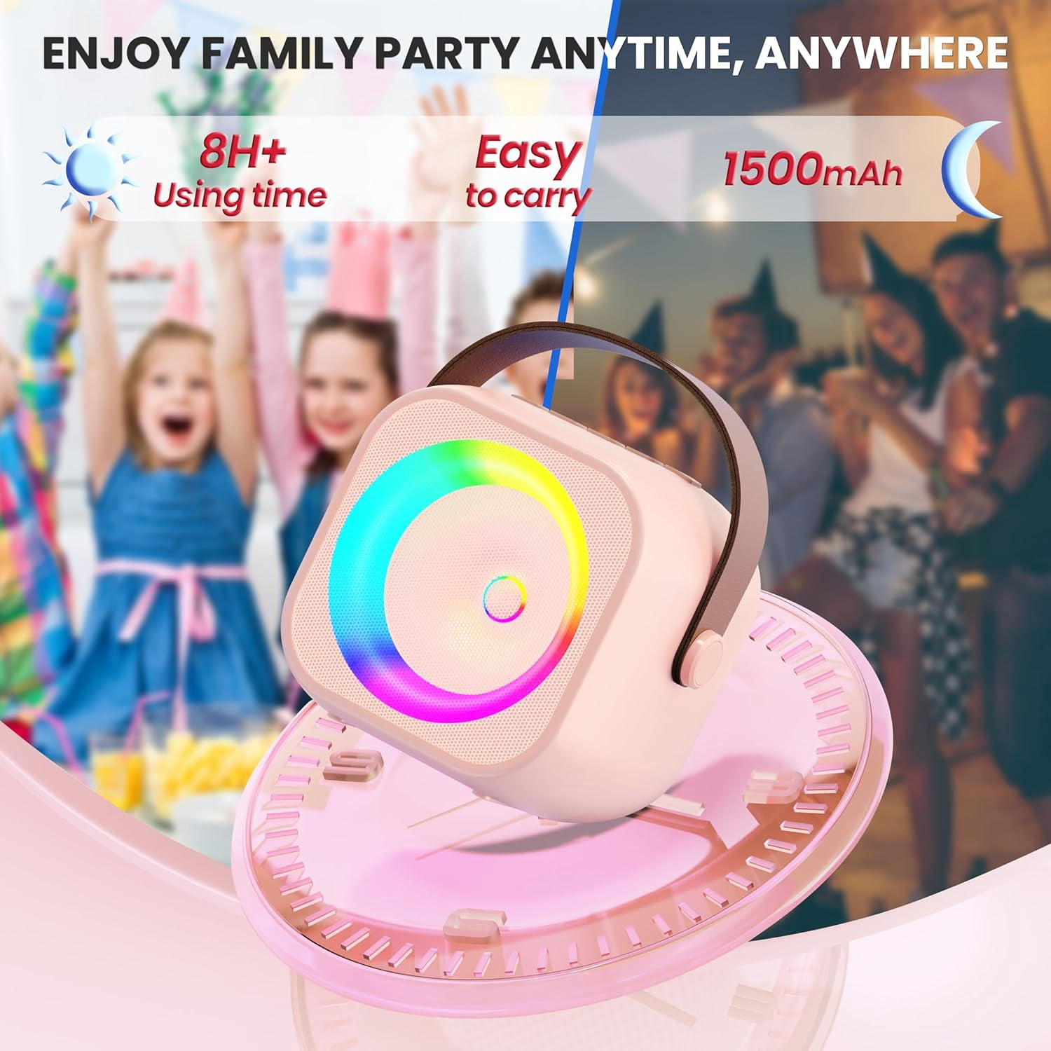 Portable Bluetooth Karaoke Machine - 2 Wireless Mics & Party Lights, Birthday Gift for Kids/Adults, Family Party Fun