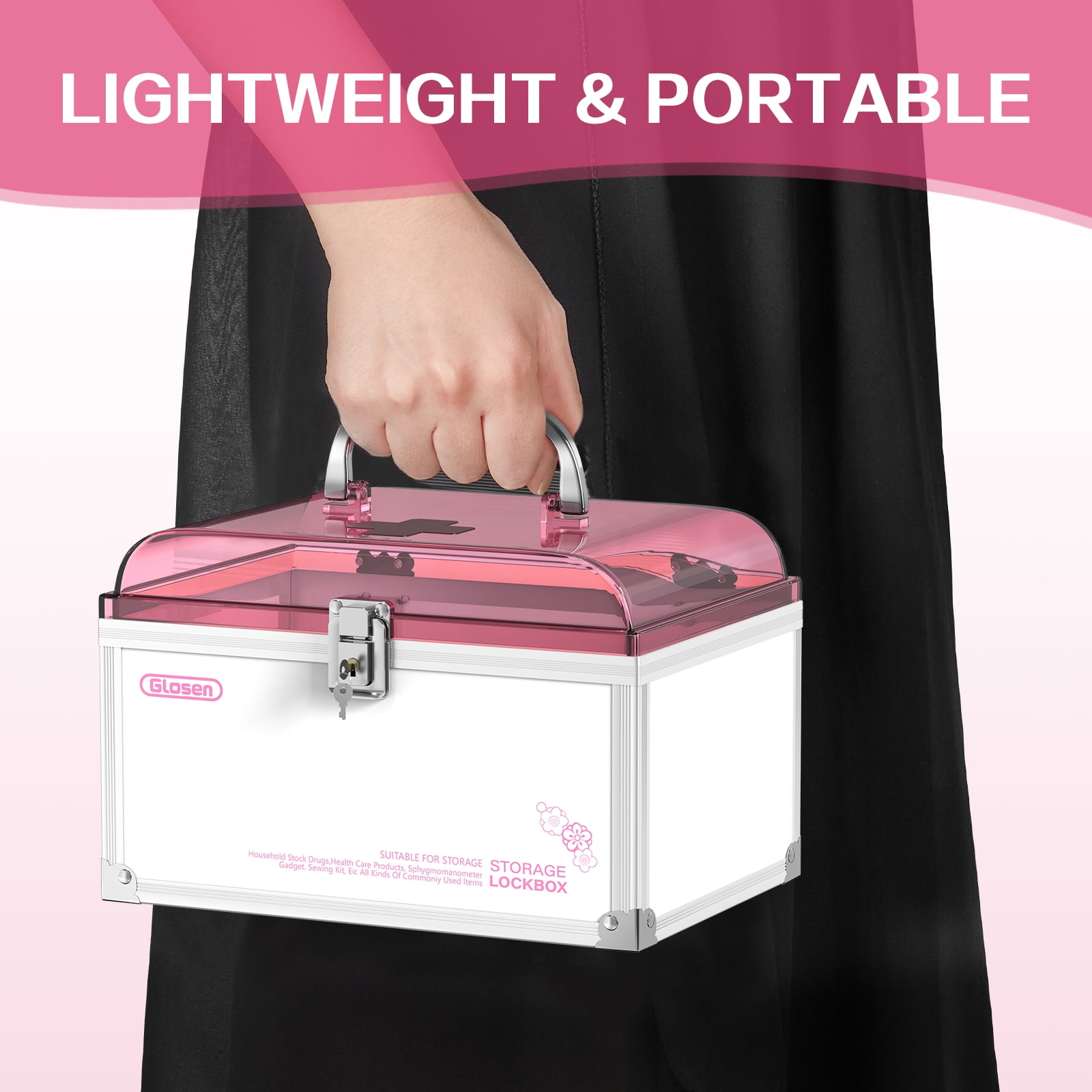 Glosen Medicine Lock Box with Key,Pink,8.46 * 5.87 * 5.51 Inch,Locked Medicine Box with Child Safe Lock