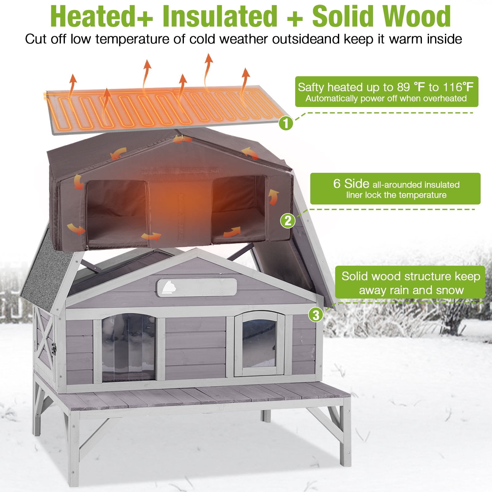 Aivituvin Heated Outdoor Cat House for Outside Insulated Feral Cat Sheter for Winter with Insulated Liner and Heater, Raised Leg, Large Porch