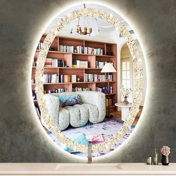 36 x 24 Inch Crystal Oval LED Vanity Mirror with Lights Diamond Oval Lighted Mirror for Bathroom Wall Mounted Smart Memory 3 Color Dimmable FrontLit AntiFog 36" Crystal Ovals Light up Mirrors