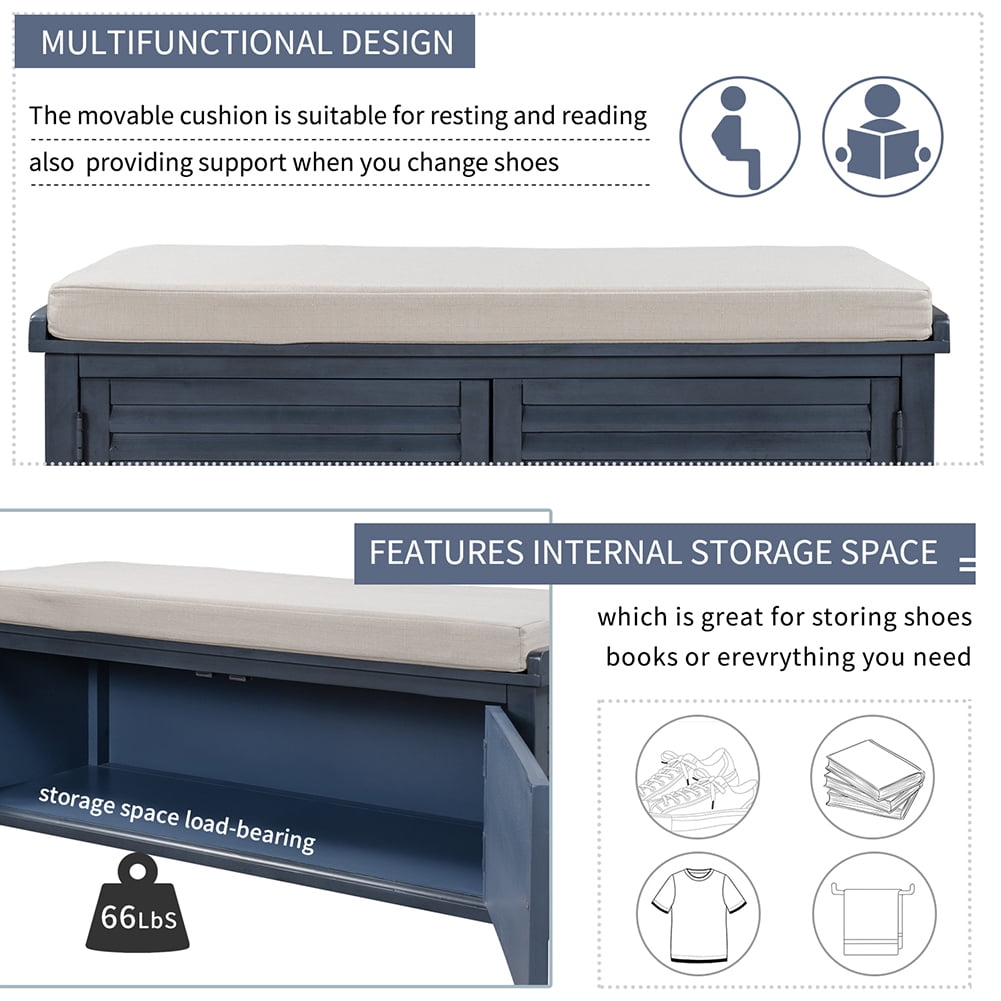Lowestbest Storage Bench with Removable Cushion, Louver Design Wooden Shoe Bench for Entryway Living Room Bedroom (Navy Blue) Lowestbest Storage Bench with Removable Cushion, Louver Design Wooden Shoe Bench for Entryway Living Room Bedroom (Navy Blue)