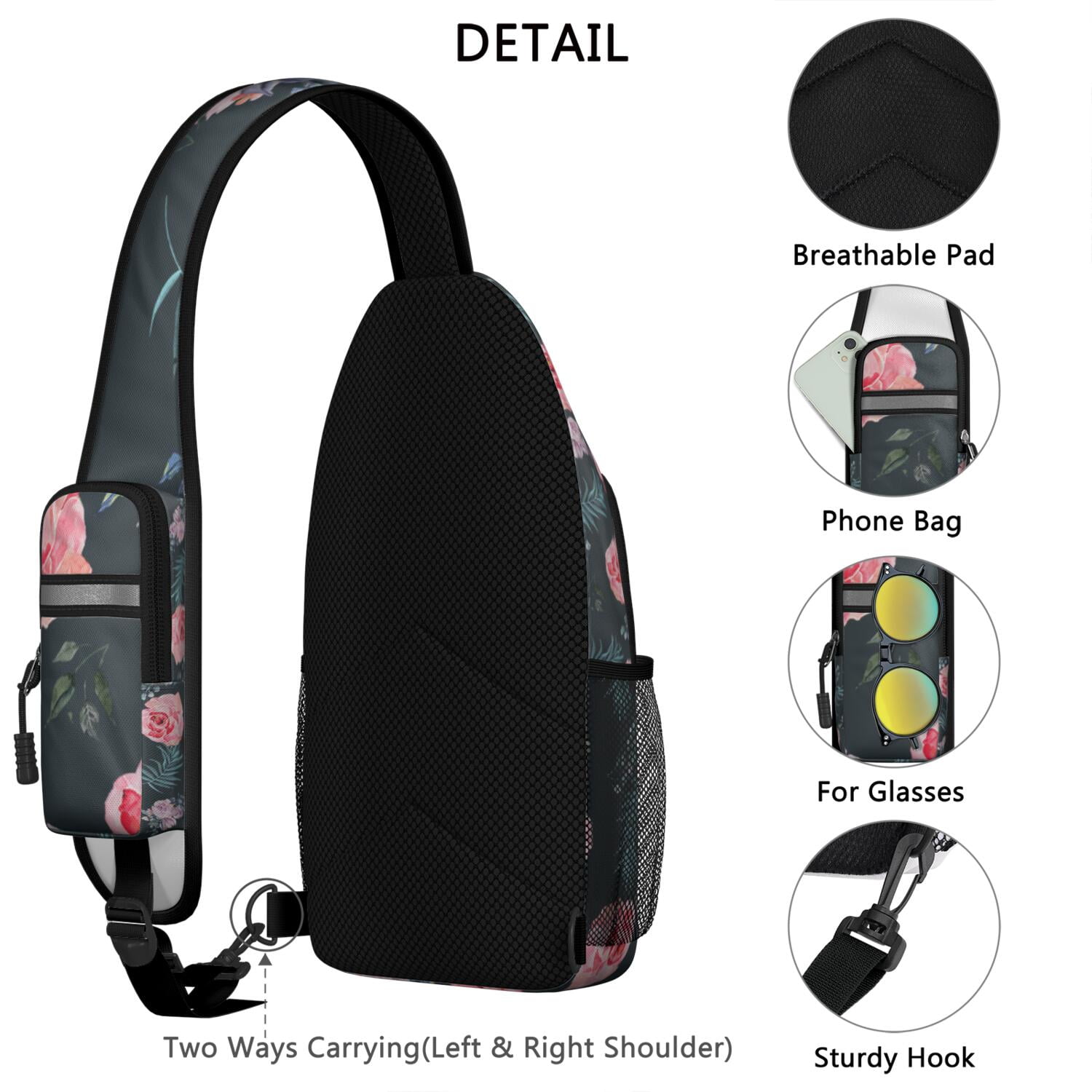 Rustic Cow Print Sling Backpack with Country Farmhouse Design – Black and White Buffalo Pattern Crossbody Bag Featuring Cute Cartoon Cows, Floral Texture, Vintage Aesthetic