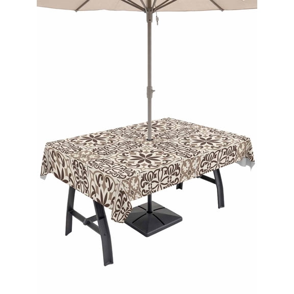 Outdoor Tablecloths with Umbrella Hole & Zipper, Brown Flowers 60 x102 Inch Rectangle Tablecloths, Vintage Country Abstract Floral Patterned Waterproof Table Cloth, Patio/Pool/Picnic Table Covers