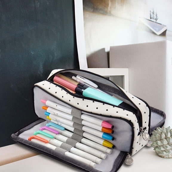 Large Capacity Pencil Pouch, 8.27 x 2.56 x 3.35 Inches Aesthetic Stationery Organizer with 3 Zippered Compartments for College Office Desks, Black Polka Dot 1Pc, Qtmrj