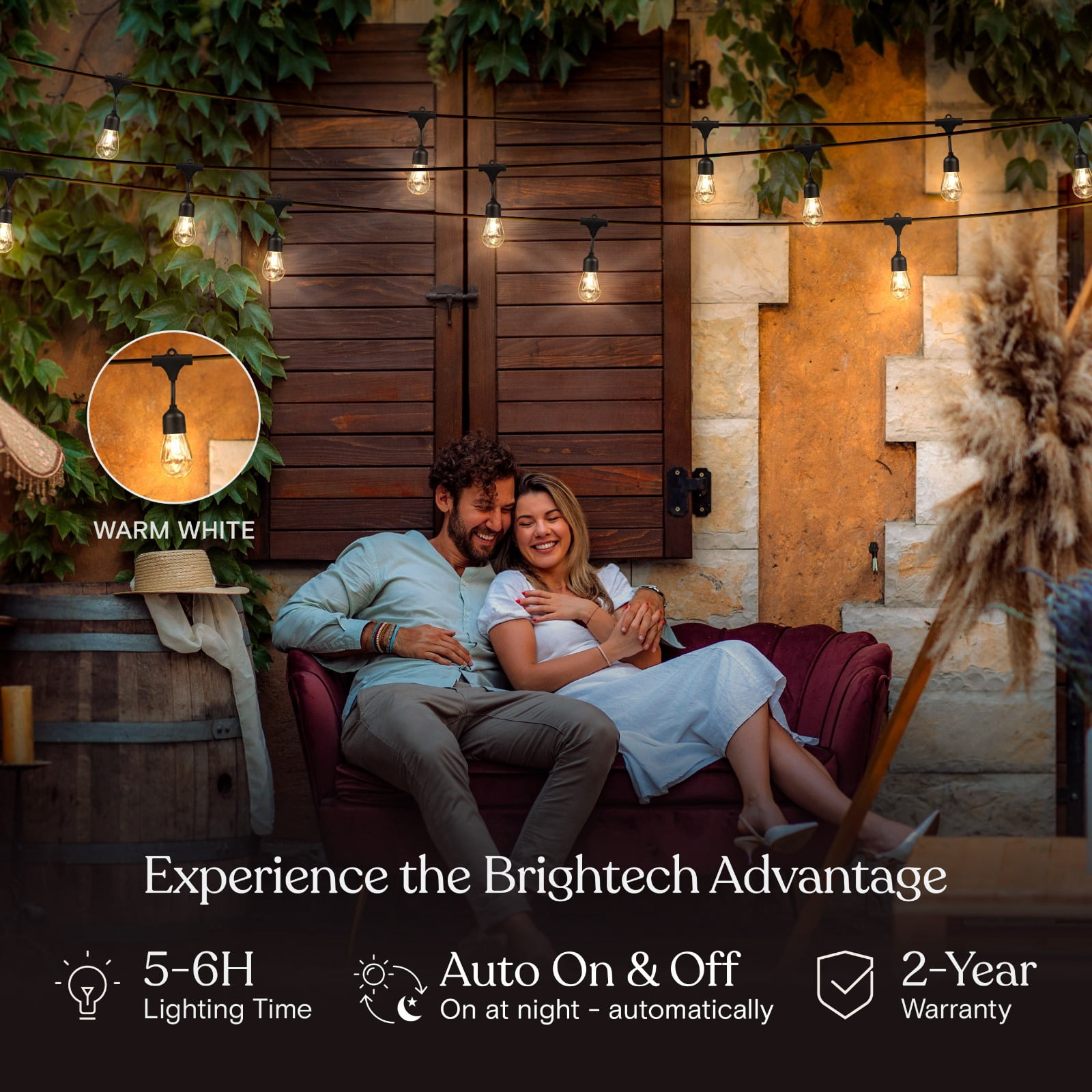 Brightech Ambience Pro Solar Powered Outdoor String Lights - Commercial Grade 48 Ft Waterproof Patio Lights, Shatterproof LED String Lights for Patio - 1W 15 Edison Bulbs, Warm White
