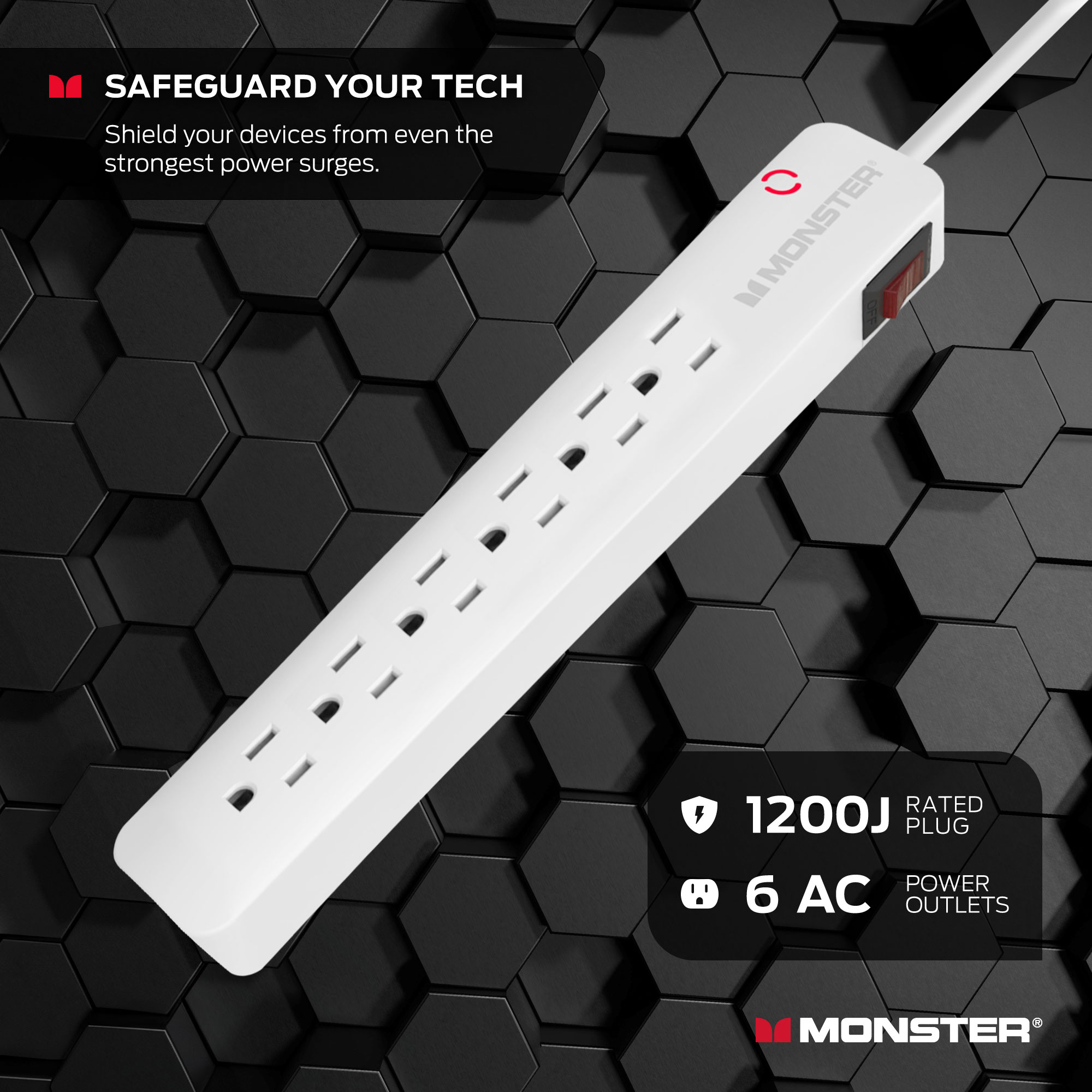 Monster Surge Protector Power Strip, 6 Grounded Outlets, 15ft Extra Long Cord, 1200J