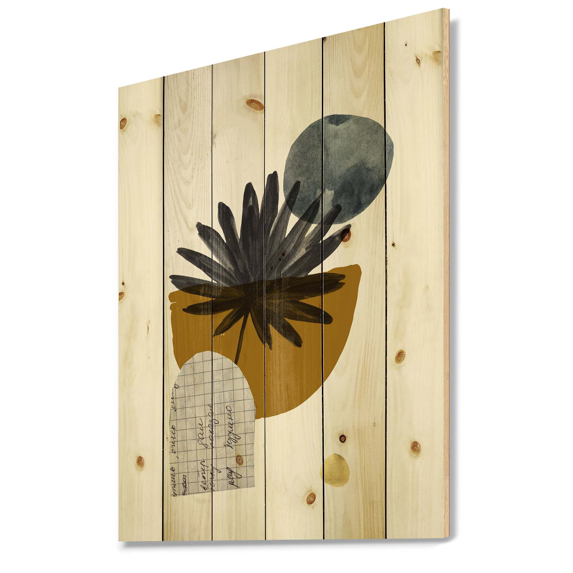Designart 'Abstract Geometry Shapes and Tropical Palm Leaf I' Modern Print on Natural Pine Wood