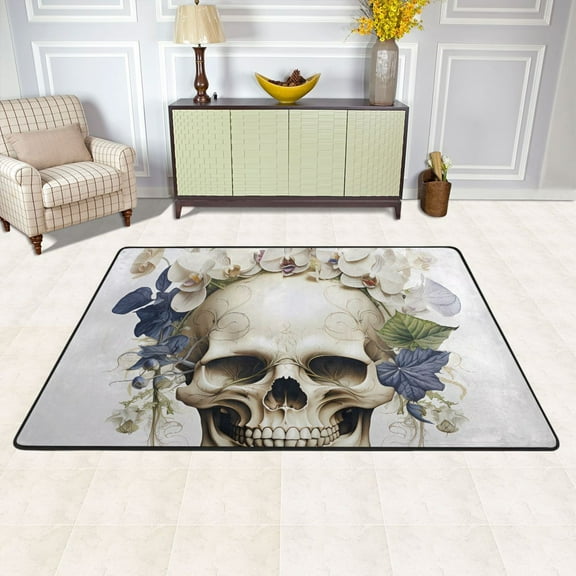 Area Floor Mats Flowers on Skeleton Skull Large Nursery Rugs Non-Slip Living Room Carpets Bedroom Doormat for Dinning Decor 36" x 24"